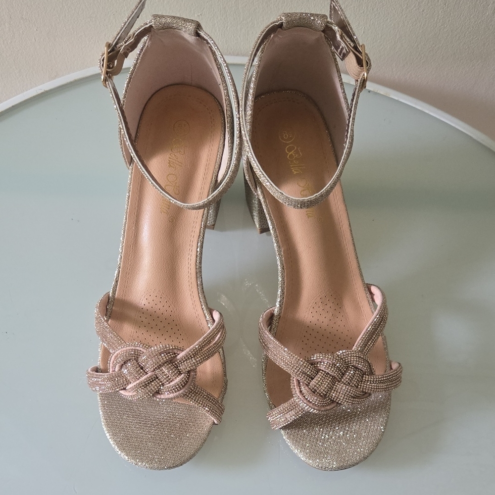 Bella Hanna Gold Heels with Ankle Straps and Woven Detail